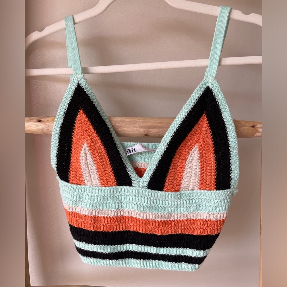 Zara Crochet Knit Orange Aqua Black Halter 
Bralette Beachy Boho Crop Top S